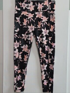 Victoria's Secret Black Activewear Bottom with Pink Floral Hibiscus Accents